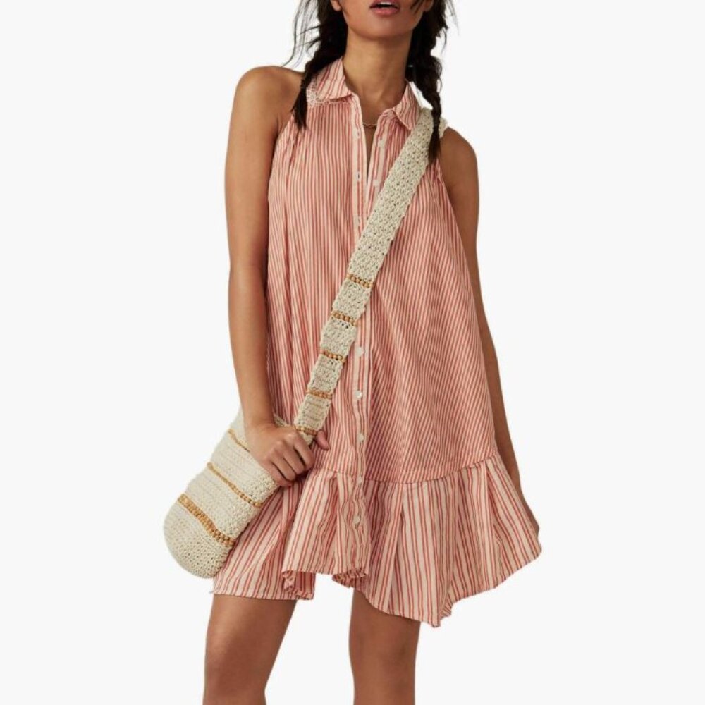 Free People || Be Real Stripe Cotton Shirtdress in Rust - Picture 9 of 12